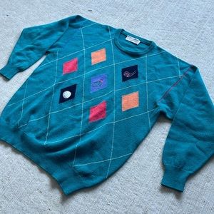 Mens Nick Faldo Golf Sweater L Pringle Long Sleeve Vintage 80s Purple Green Red